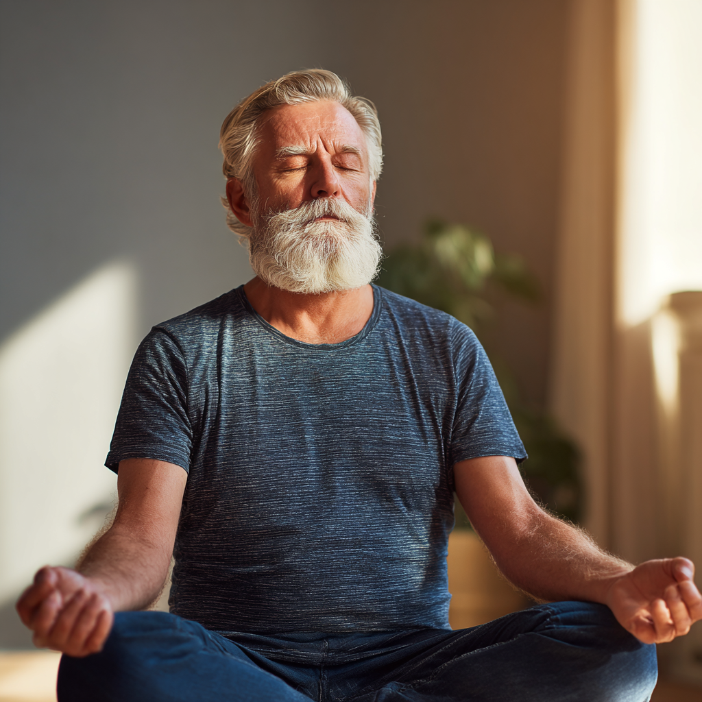 Focused older adult man in meditation pose during mindfulness practice