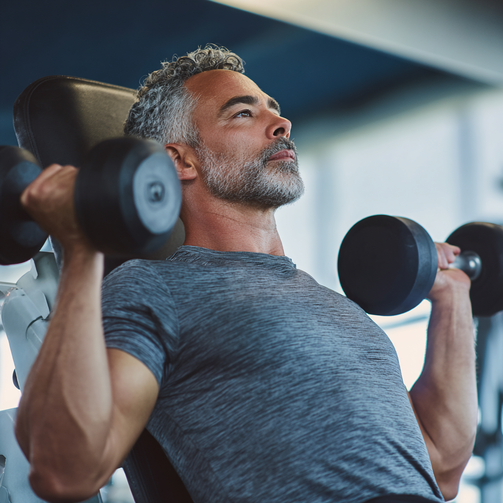 Middle-aged man performing strength training exercises in modern gym